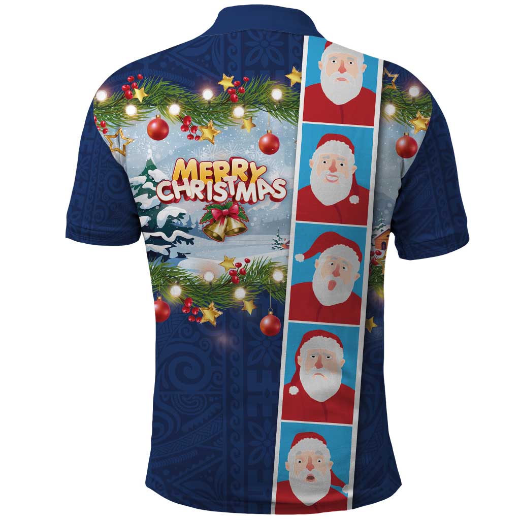 Merry Christmas Polo Shirt Funny Santa Claus Cards Photo and Polynesian Pattern Blue Color LT03 - Polynesian Pride