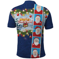 Merry Christmas Polo Shirt Funny Santa Claus Cards Photo and Polynesian Pattern Blue Color LT03 - Polynesian Pride