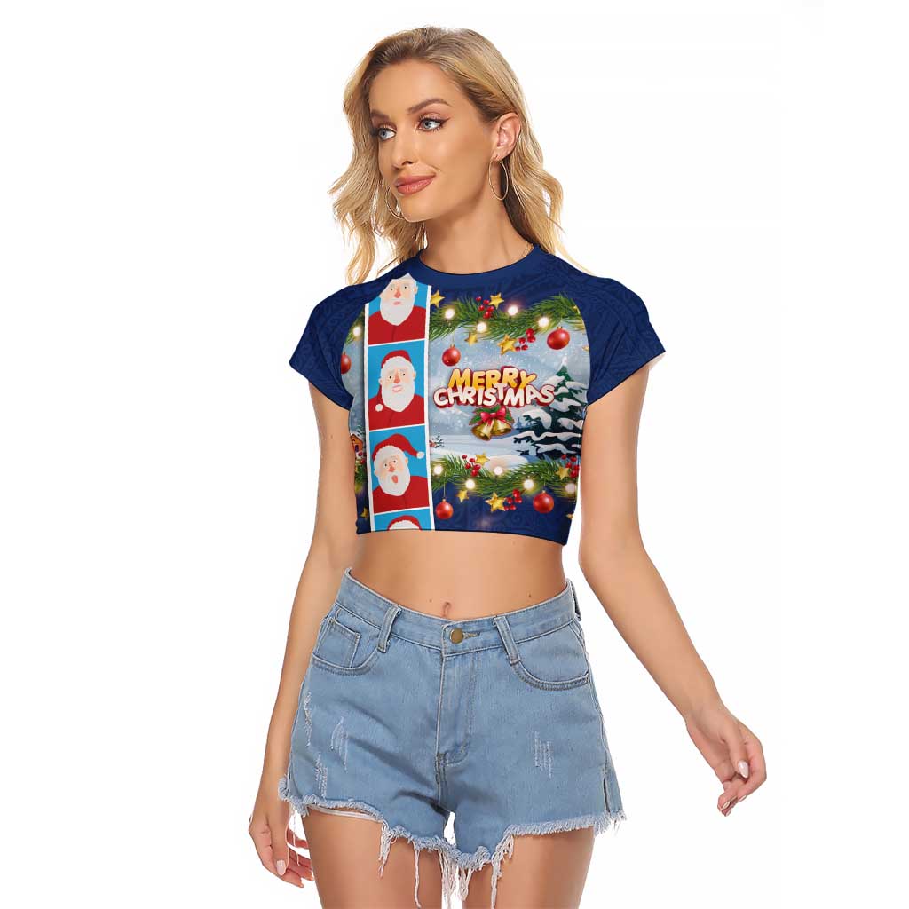 Merry Christmas Raglan Cropped T Shirt Funny Santa Claus Cards Photo and Polynesian Pattern Blue Color LT03 Female Blue - Polynesian Pride
