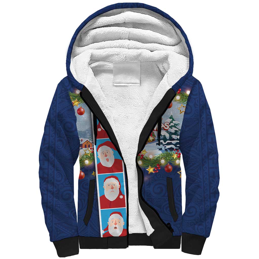 Merry Christmas Sherpa Hoodie Funny Santa Claus Cards Photo and Polynesian Pattern Blue Color LT03 Unisex Blue - Polynesian Pride