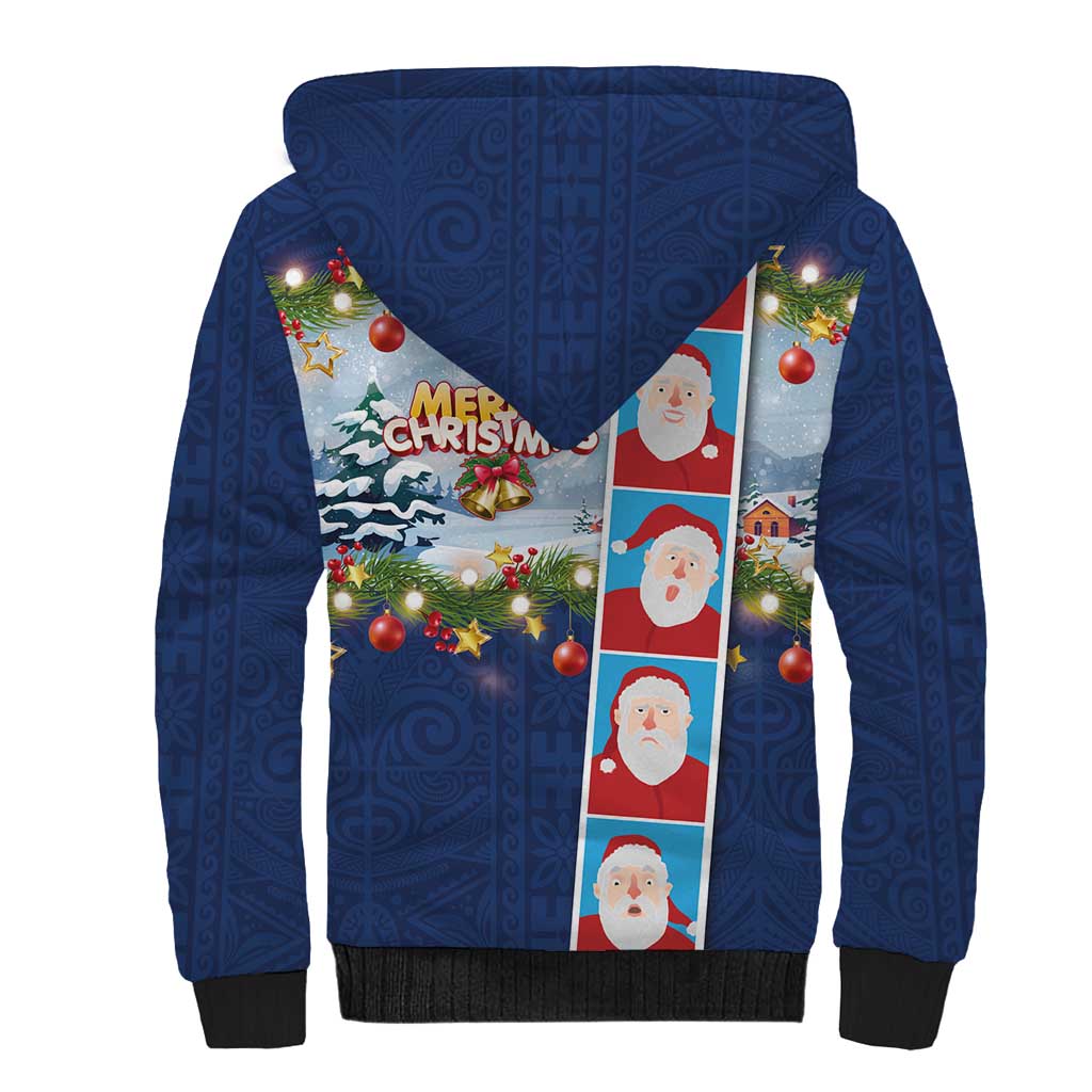 Merry Christmas Sherpa Hoodie Funny Santa Claus Cards Photo and Polynesian Pattern Blue Color LT03 - Polynesian Pride