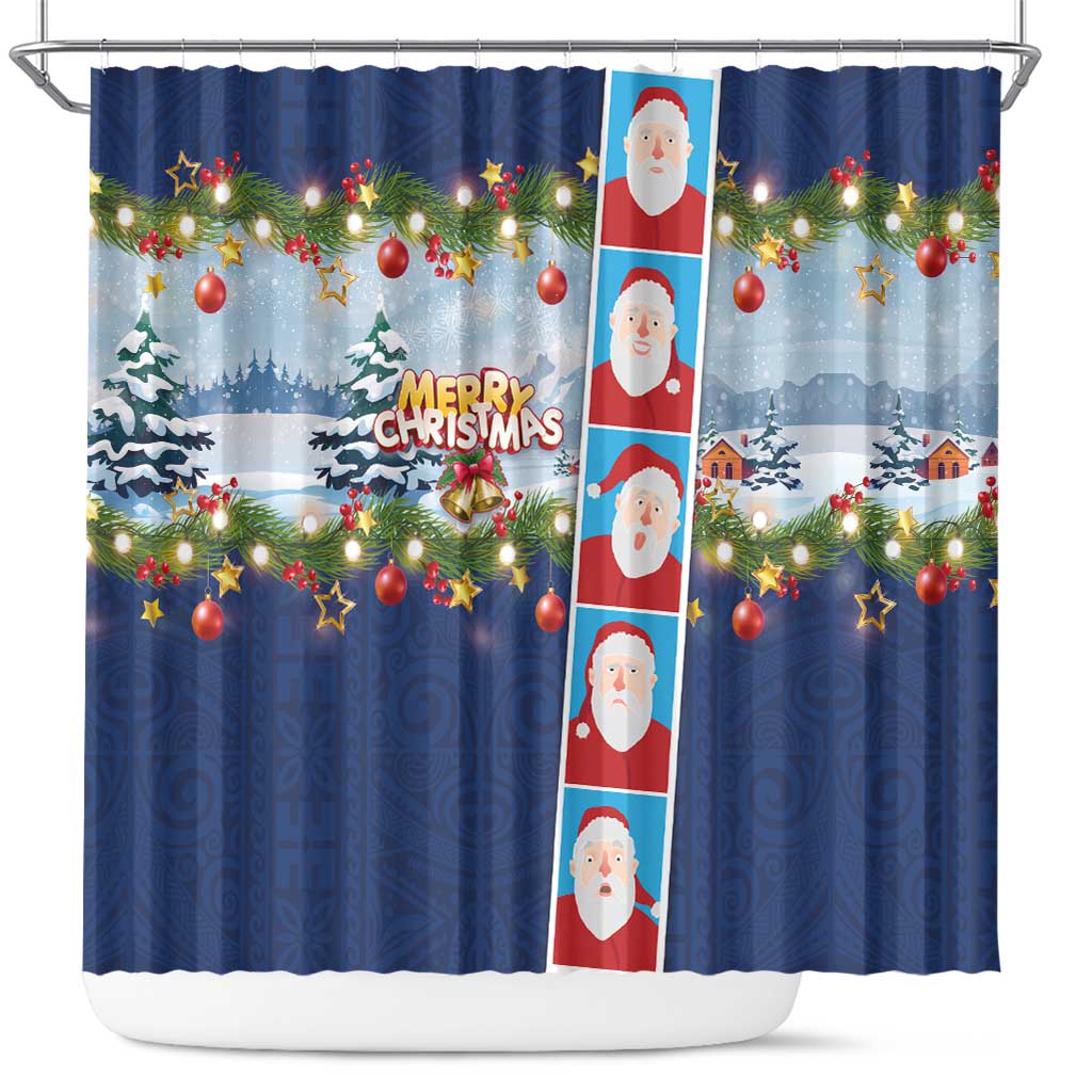 Merry Christmas Shower Curtain Funny Santa Claus Cards Photo and Polynesian Pattern Blue Color LT03 Blue - Polynesian Pride