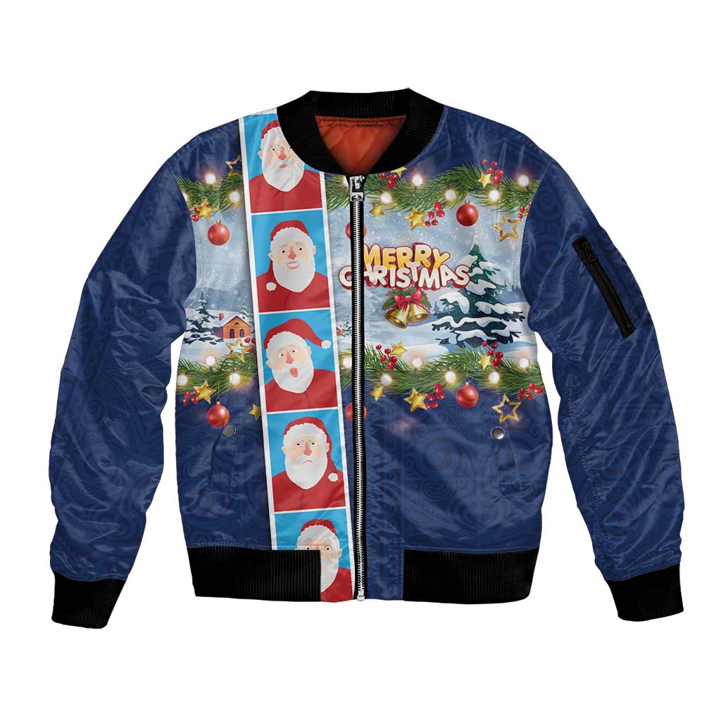 Merry Christmas Sleeve Zip Bomber Jacket Funny Santa Claus Cards Photo and Polynesian Pattern Blue Color LT03 Unisex Blue - Polynesian Pride