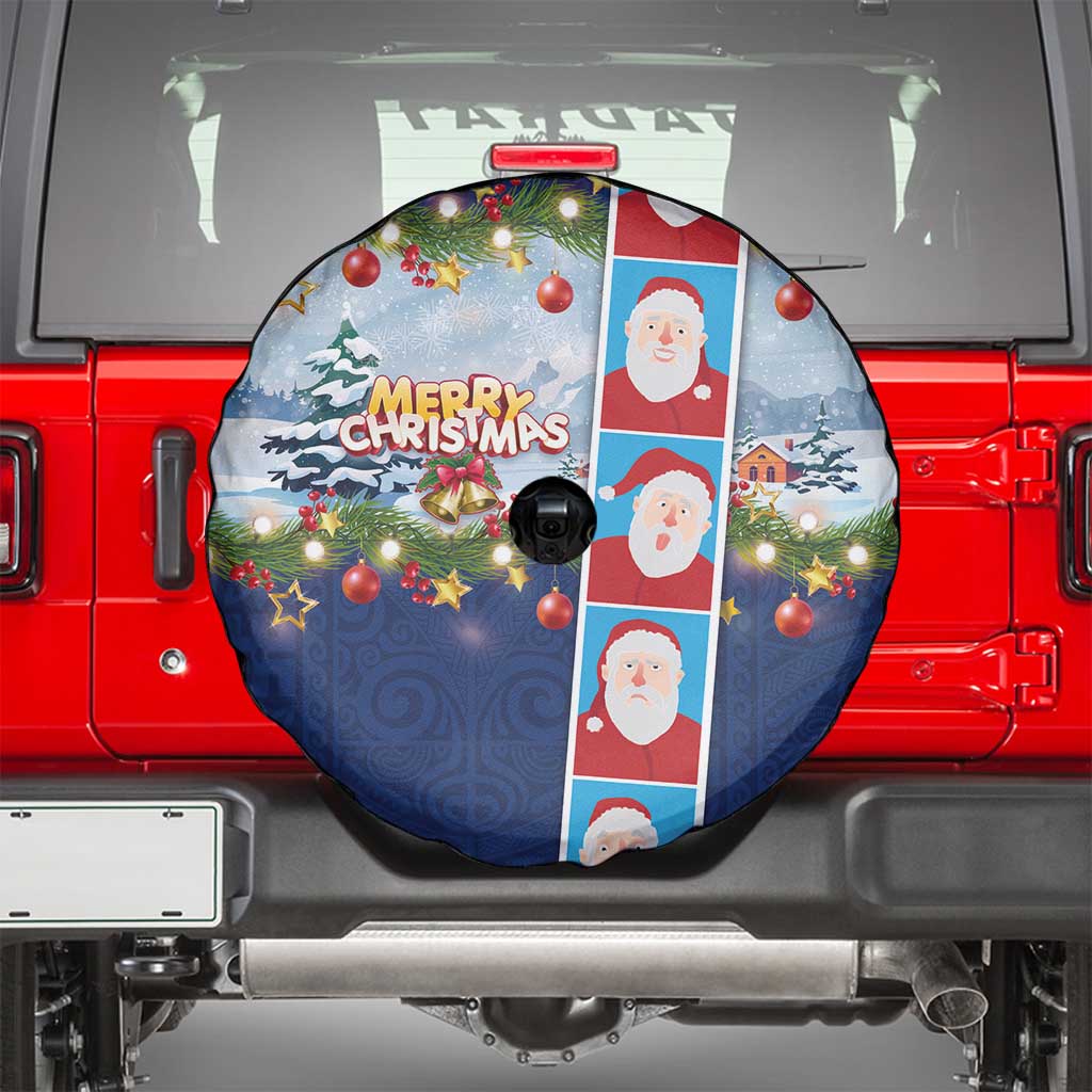 Merry Christmas Spare Tire Cover Funny Santa Claus Cards Photo and Polynesian Pattern Blue Color LT03 - Polynesian Pride