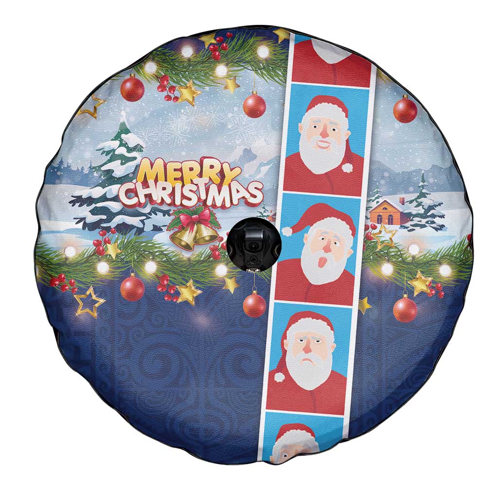 Merry Christmas Spare Tire Cover Funny Santa Claus Cards Photo and Polynesian Pattern Blue Color LT03 - Polynesian Pride