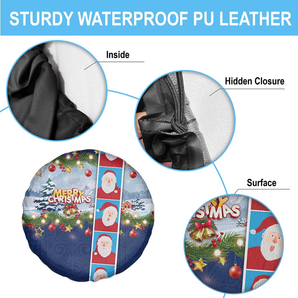 Merry Christmas Spare Tire Cover Funny Santa Claus Cards Photo and Polynesian Pattern Blue Color LT03 - Polynesian Pride