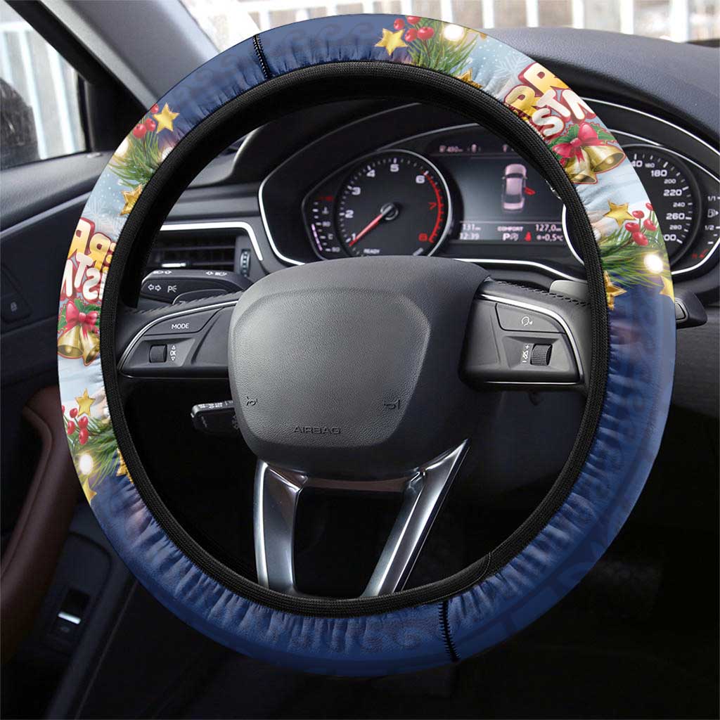 Merry Christmas Steering Wheel Cover Funny Santa Claus Cards Photo and Polynesian Pattern Blue Color LT03 - Polynesian Pride