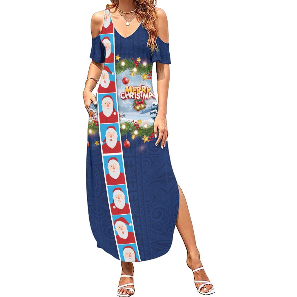 Merry Christmas Summer Maxi Dress Funny Santa Claus Cards Photo and Polynesian Pattern Blue Color LT03 Women Blue - Polynesian Pride