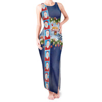 Merry Christmas Tank Maxi Dress Funny Santa Claus Cards Photo and Polynesian Pattern Blue Color LT03 Women Blue - Polynesian Pride