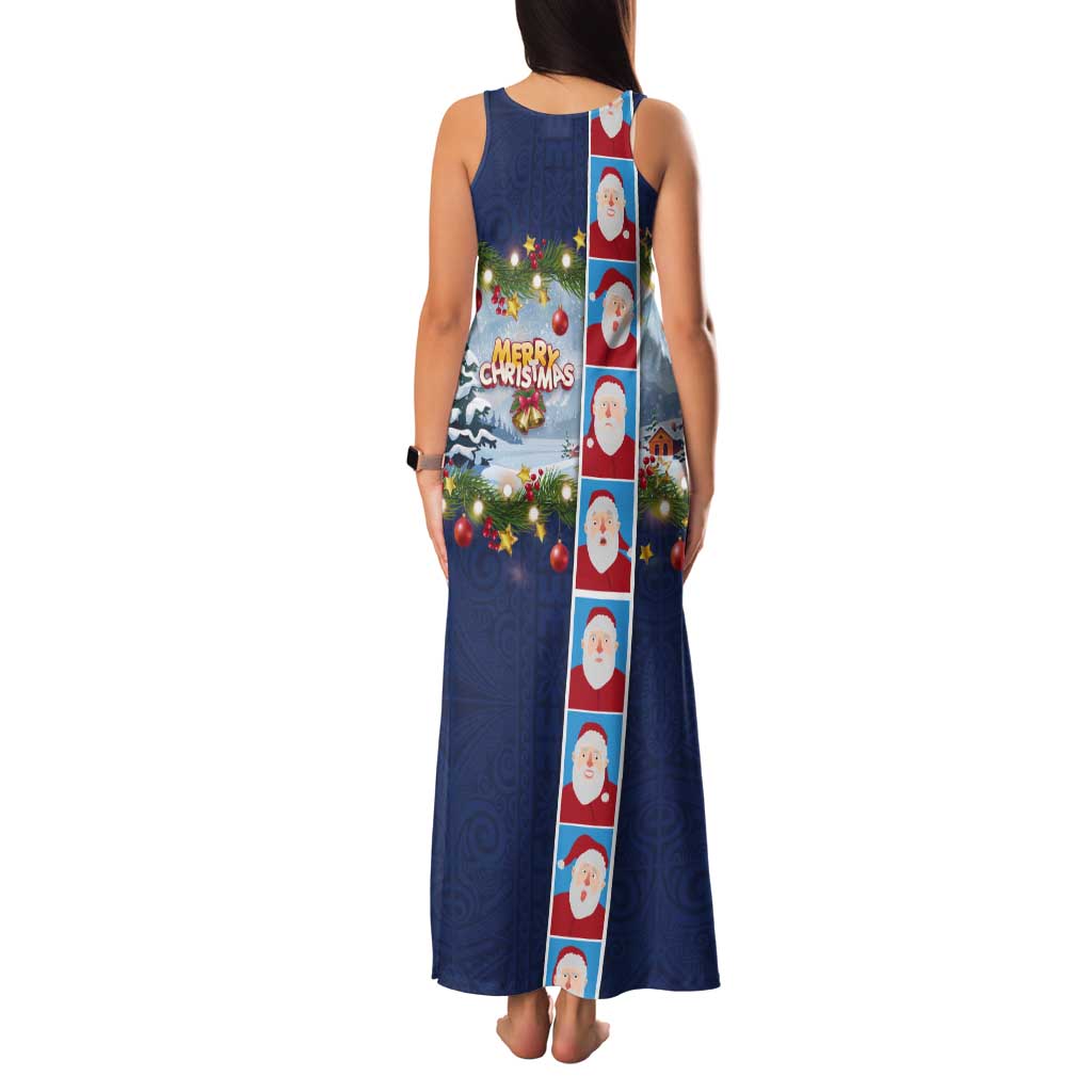 Merry Christmas Tank Maxi Dress Funny Santa Claus Cards Photo and Polynesian Pattern Blue Color LT03 - Polynesian Pride