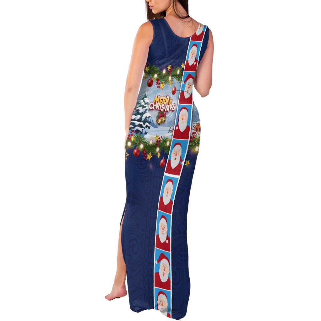 Merry Christmas Tank Maxi Dress Funny Santa Claus Cards Photo and Polynesian Pattern Blue Color LT03 - Polynesian Pride