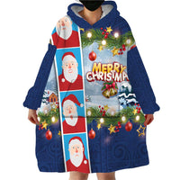 Merry Christmas Wearable Blanket Hoodie Funny Santa Claus Cards Photo and Polynesian Pattern Blue Color LT03 - Polynesian Pride