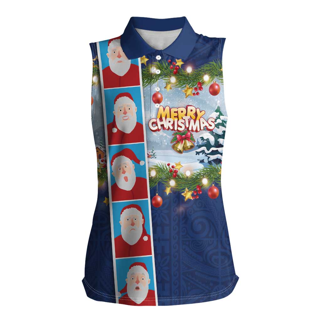 Merry Christmas Women Sleeveless Polo Shirt Funny Santa Claus Cards Photo and Polynesian Pattern Blue Color LT03 Female Blue - Polynesian Pride