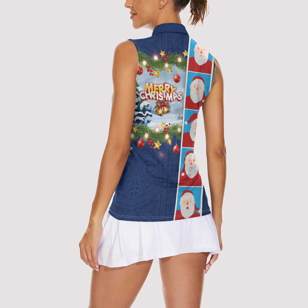 Merry Christmas Women Sleeveless Polo Shirt Funny Santa Claus Cards Photo and Polynesian Pattern Blue Color LT03 - Polynesian Pride