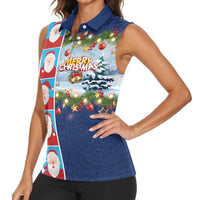 Merry Christmas Women Sleeveless Polo Shirt Funny Santa Claus Cards Photo and Polynesian Pattern Blue Color LT03 - Polynesian Pride