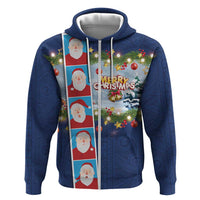 Merry Christmas Zip Hoodie Funny Santa Claus Cards Photo and Polynesian Pattern Blue Color LT03 Zip Hoodie Blue - Polynesian Pride