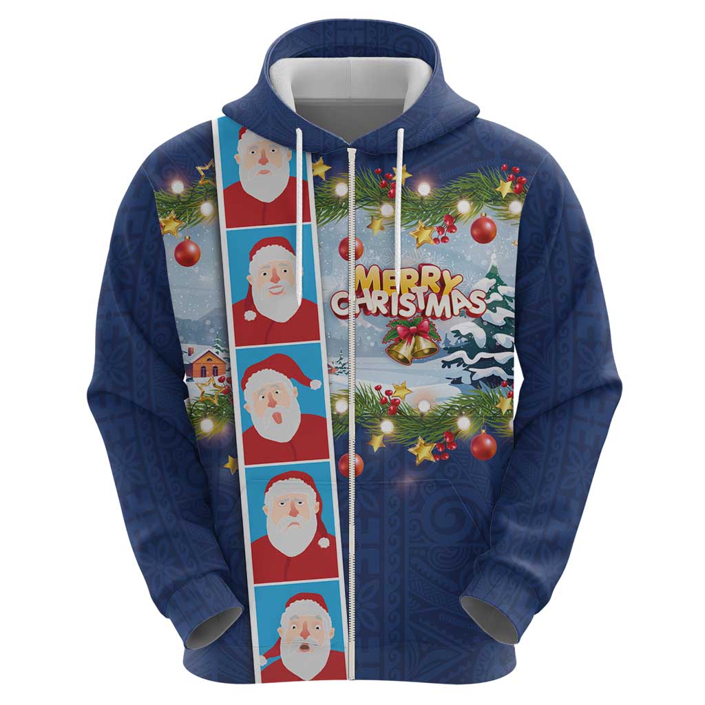 Merry Christmas Zip Hoodie Funny Santa Claus Cards Photo and Polynesian Pattern Blue Color LT03 - Polynesian Pride