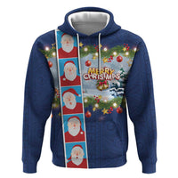 Merry Christmas Zip Hoodie Funny Santa Claus Cards Photo and Polynesian Pattern Blue Color LT03 Pullover Hoodie Blue - Polynesian Pride