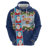 Merry Christmas Zip Hoodie Funny Santa Claus Cards Photo and Polynesian Pattern Blue Color LT03 - Polynesian Pride