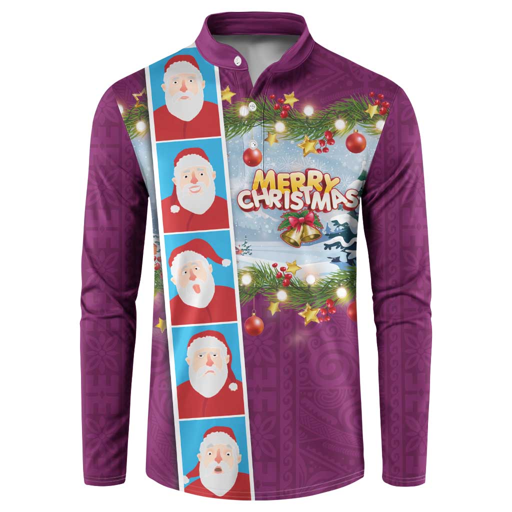 Merry Christmas Button Sweatshirt Funny Santa Claus Cards Photo and Polynesian Pattern Pink Color
