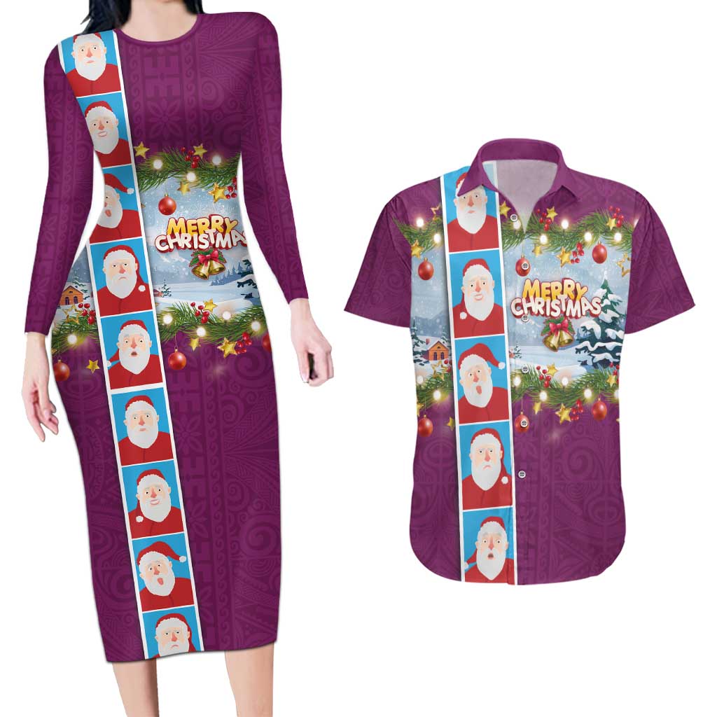 Merry Christmas Couples Matching Long Sleeve Bodycon Dress and Hawaiian Shirt Funny Santa Claus Cards Photo and Polynesian Pattern Pink Color LT03 Pink - Polynesian Pride