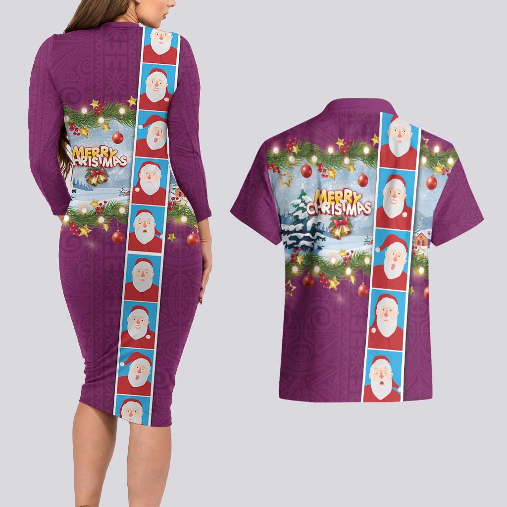 Merry Christmas Couples Matching Long Sleeve Bodycon Dress and Hawaiian Shirt Funny Santa Claus Cards Photo and Polynesian Pattern Pink Color LT03 - Polynesian Pride