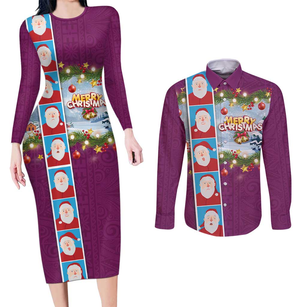 Merry Christmas Couples Matching Long Sleeve Bodycon Dress and Long Sleeve Button Shirt Funny Santa Claus Cards Photo and Polynesian Pattern Pink Color LT03 Pink - Polynesian Pride