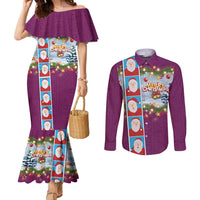 Merry Christmas Couples Matching Mermaid Dress and Long Sleeve Button Shirt Funny Santa Claus Cards Photo and Polynesian Pattern Pink Color LT03 Pink - Polynesian Pride