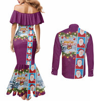 Merry Christmas Couples Matching Mermaid Dress and Long Sleeve Button Shirt Funny Santa Claus Cards Photo and Polynesian Pattern Pink Color LT03 - Polynesian Pride