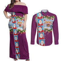 Merry Christmas Couples Matching Off Shoulder Maxi Dress and Long Sleeve Button Shirt Funny Santa Claus Cards Photo and Polynesian Pattern Pink Color LT03 Pink - Polynesian Pride