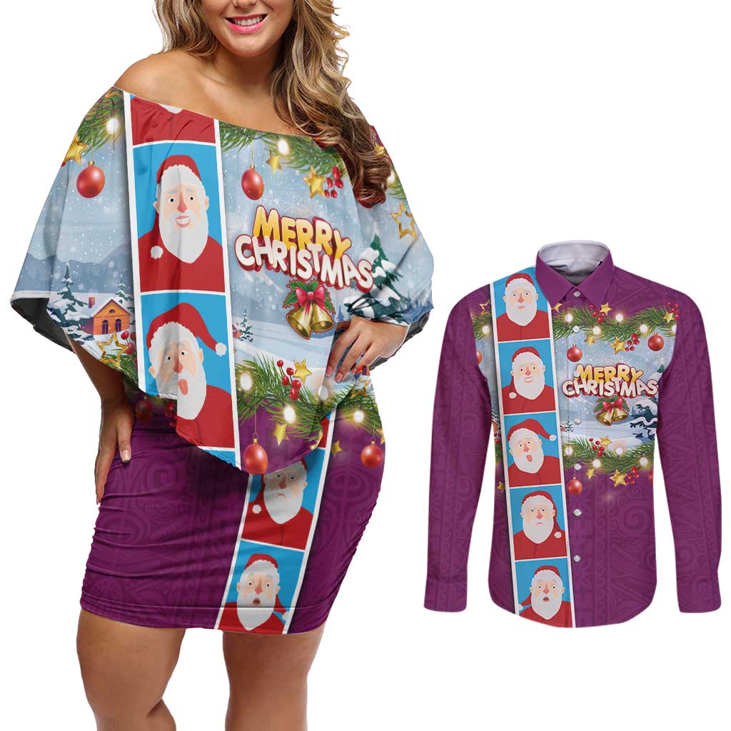 Merry Christmas Couples Matching Off Shoulder Short Dress and Long Sleeve Button Shirt Funny Santa Claus Cards Photo and Polynesian Pattern Pink Color