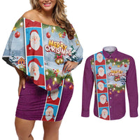 Merry Christmas Couples Matching Off Shoulder Short Dress and Long Sleeve Button Shirt Funny Santa Claus Cards Photo and Polynesian Pattern Pink Color LT03 Pink - Polynesian Pride