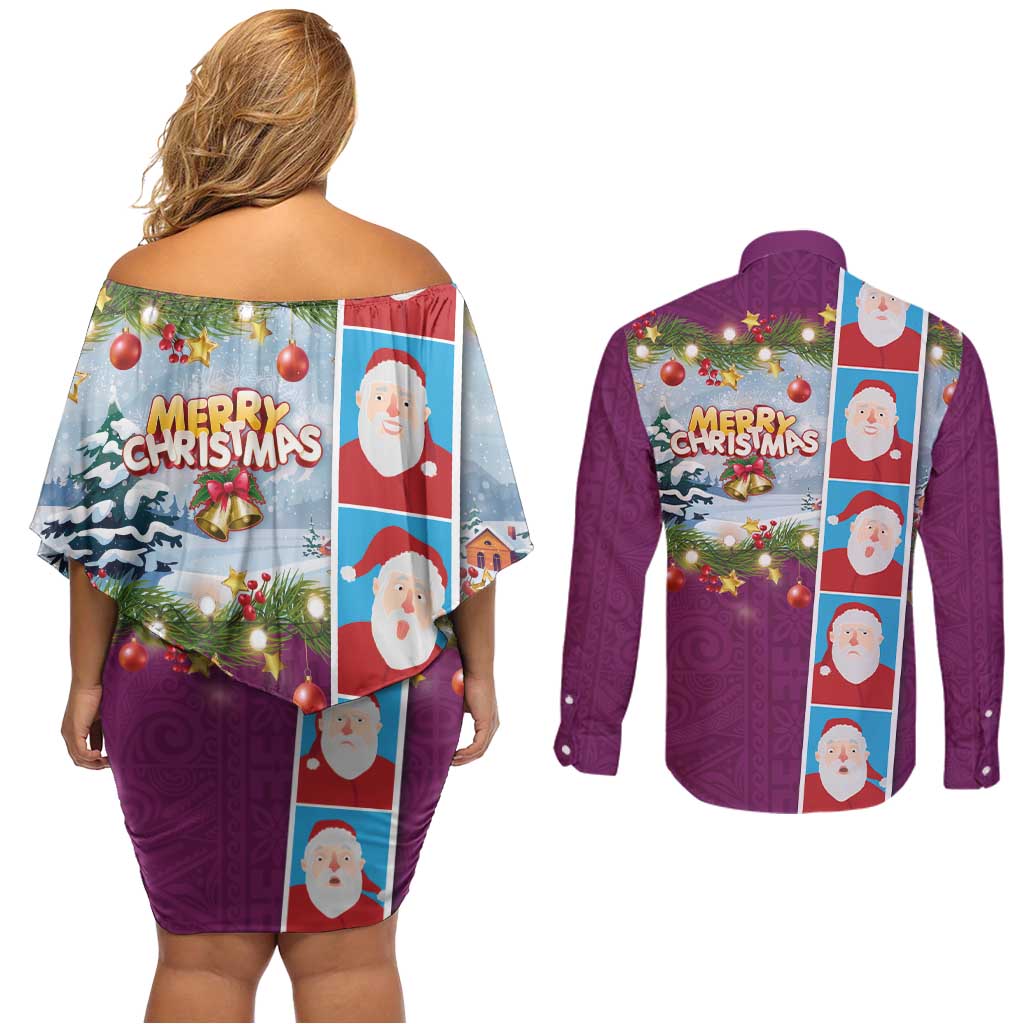 Merry Christmas Couples Matching Off Shoulder Short Dress and Long Sleeve Button Shirt Funny Santa Claus Cards Photo and Polynesian Pattern Pink Color LT03 - Polynesian Pride