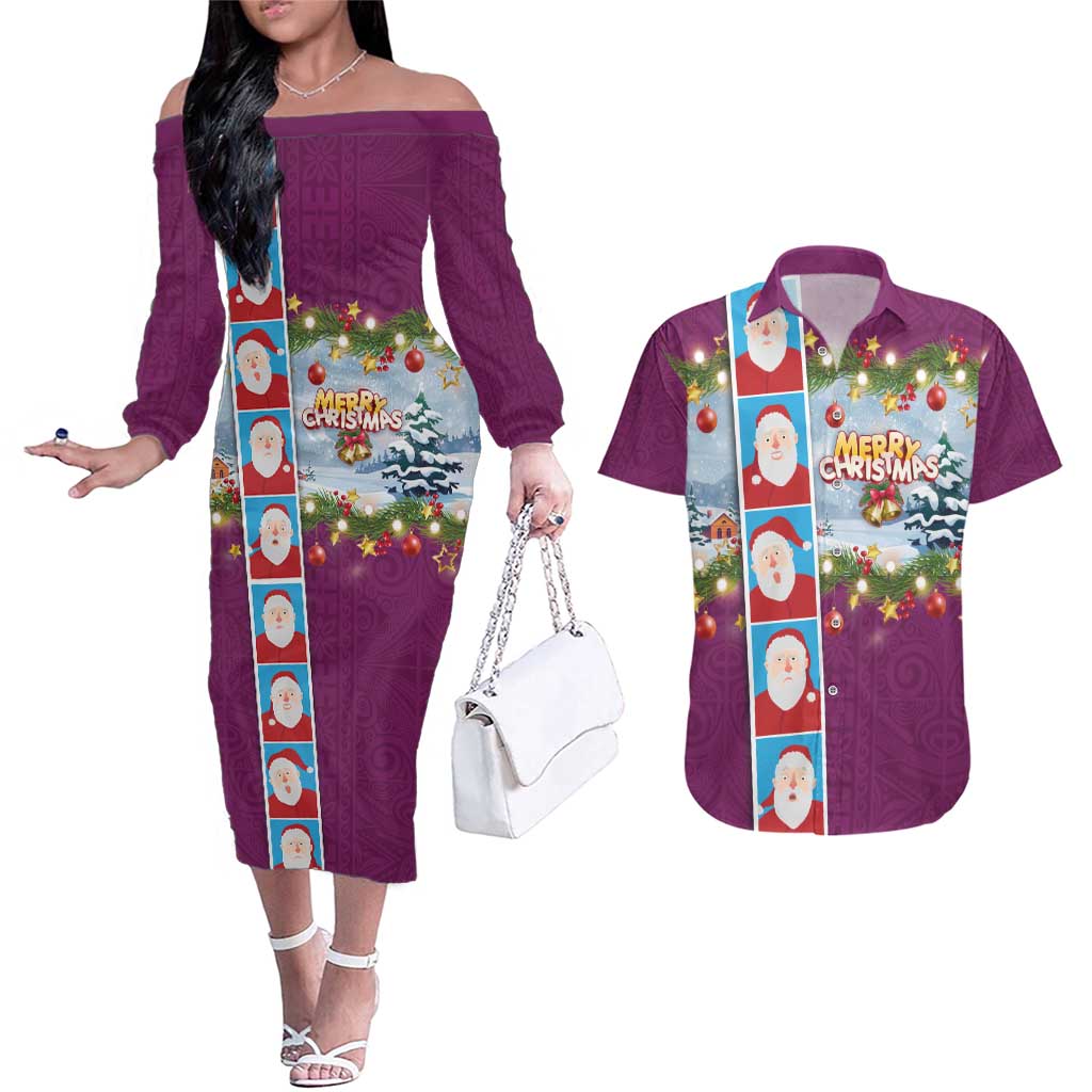 Merry Christmas Couples Matching Off The Shoulder Long Sleeve Dress and Hawaiian Shirt Funny Santa Claus Cards Photo and Polynesian Pattern Pink Color LT03 Pink - Polynesian Pride