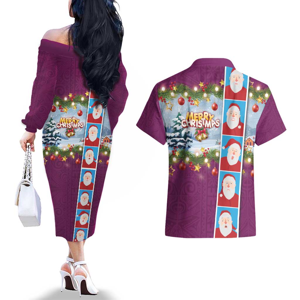 Merry Christmas Couples Matching Off The Shoulder Long Sleeve Dress and Hawaiian Shirt Funny Santa Claus Cards Photo and Polynesian Pattern Pink Color LT03 - Polynesian Pride