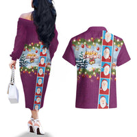 Merry Christmas Couples Matching Off The Shoulder Long Sleeve Dress and Hawaiian Shirt Funny Santa Claus Cards Photo and Polynesian Pattern Pink Color LT03 - Polynesian Pride