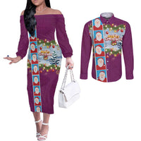Merry Christmas Couples Matching Off The Shoulder Long Sleeve Dress and Long Sleeve Button Shirt Funny Santa Claus Cards Photo and Polynesian Pattern Pink Color LT03 Pink - Polynesian Pride