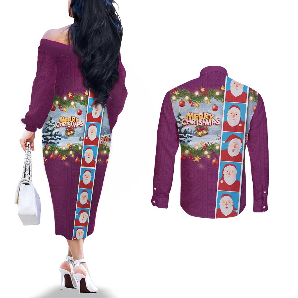 Merry Christmas Couples Matching Off The Shoulder Long Sleeve Dress and Long Sleeve Button Shirt Funny Santa Claus Cards Photo and Polynesian Pattern Pink Color LT03 - Polynesian Pride