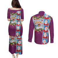 Merry Christmas Couples Matching Puletasi and Long Sleeve Button Shirt Funny Santa Claus Cards Photo and Polynesian Pattern Pink Color LT03 - Polynesian Pride