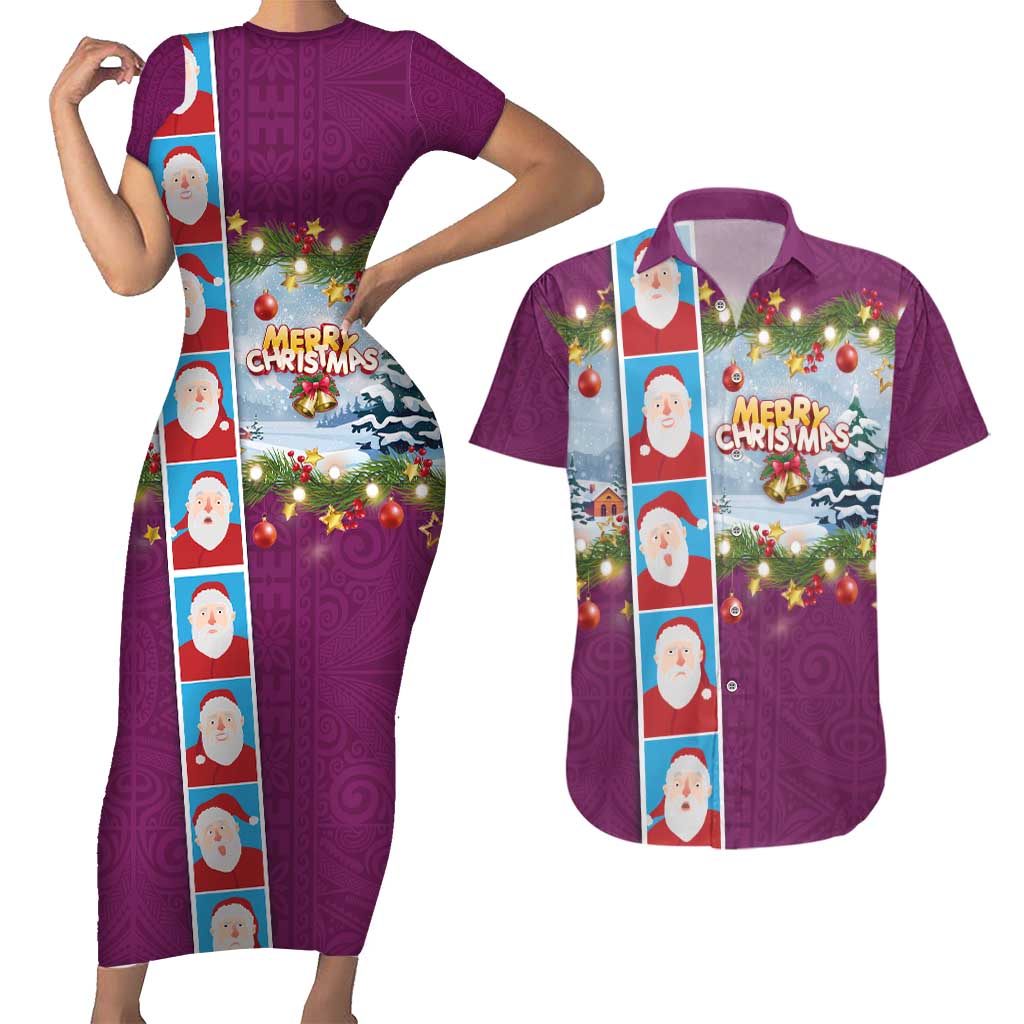Merry Christmas Couples Matching Short Sleeve Bodycon Dress and Hawaiian Shirt Funny Santa Claus Cards Photo and Polynesian Pattern Pink Color LT03 Pink - Polynesian Pride