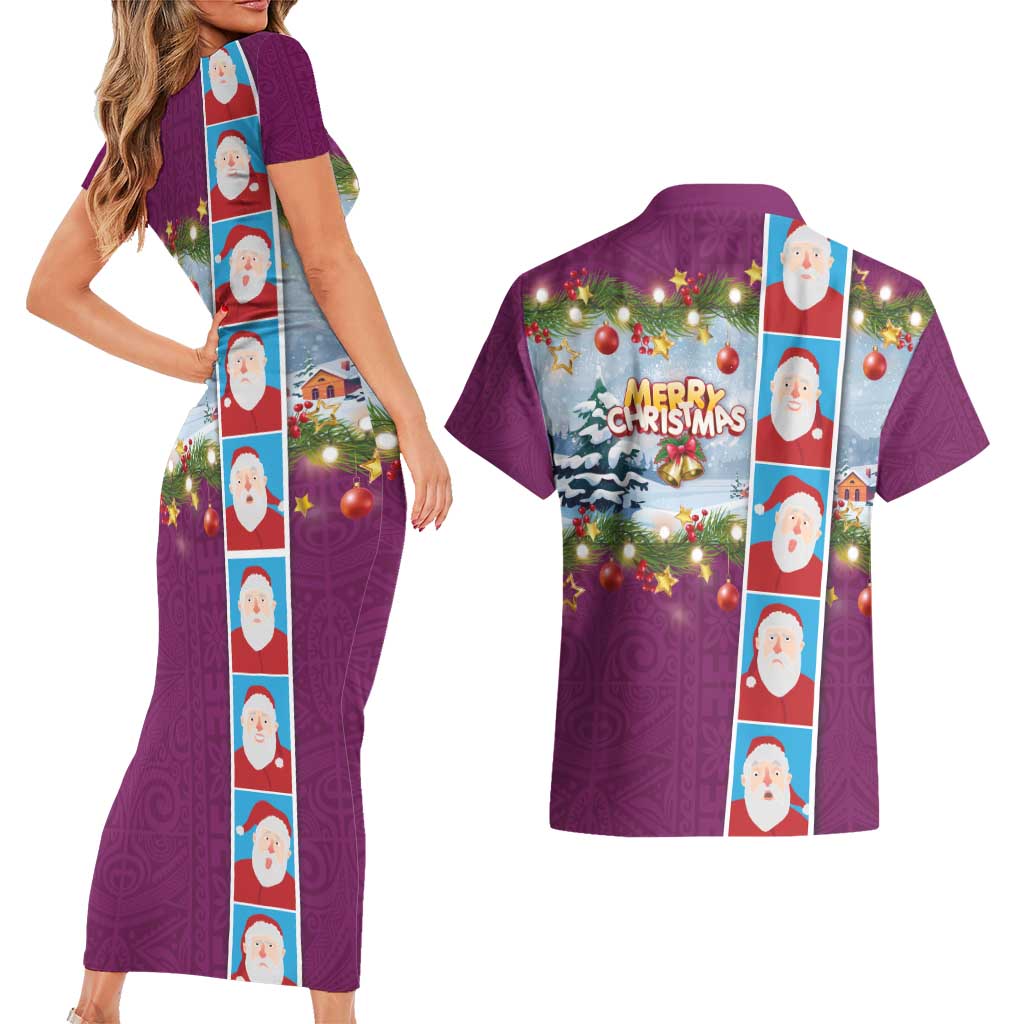 Merry Christmas Couples Matching Short Sleeve Bodycon Dress and Hawaiian Shirt Funny Santa Claus Cards Photo and Polynesian Pattern Pink Color LT03 - Polynesian Pride