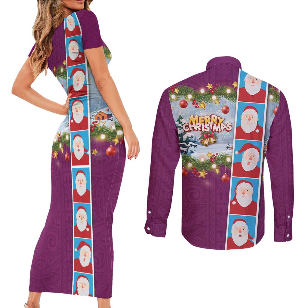 Merry Christmas Couples Matching Short Sleeve Bodycon Dress and Long Sleeve Button Shirt Funny Santa Claus Cards Photo and Polynesian Pattern Pink Color LT03 - Polynesian Pride