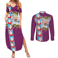 Merry Christmas Couples Matching Summer Maxi Dress and Long Sleeve Button Shirt Funny Santa Claus Cards Photo and Polynesian Pattern Pink Color LT03 Pink - Polynesian Pride