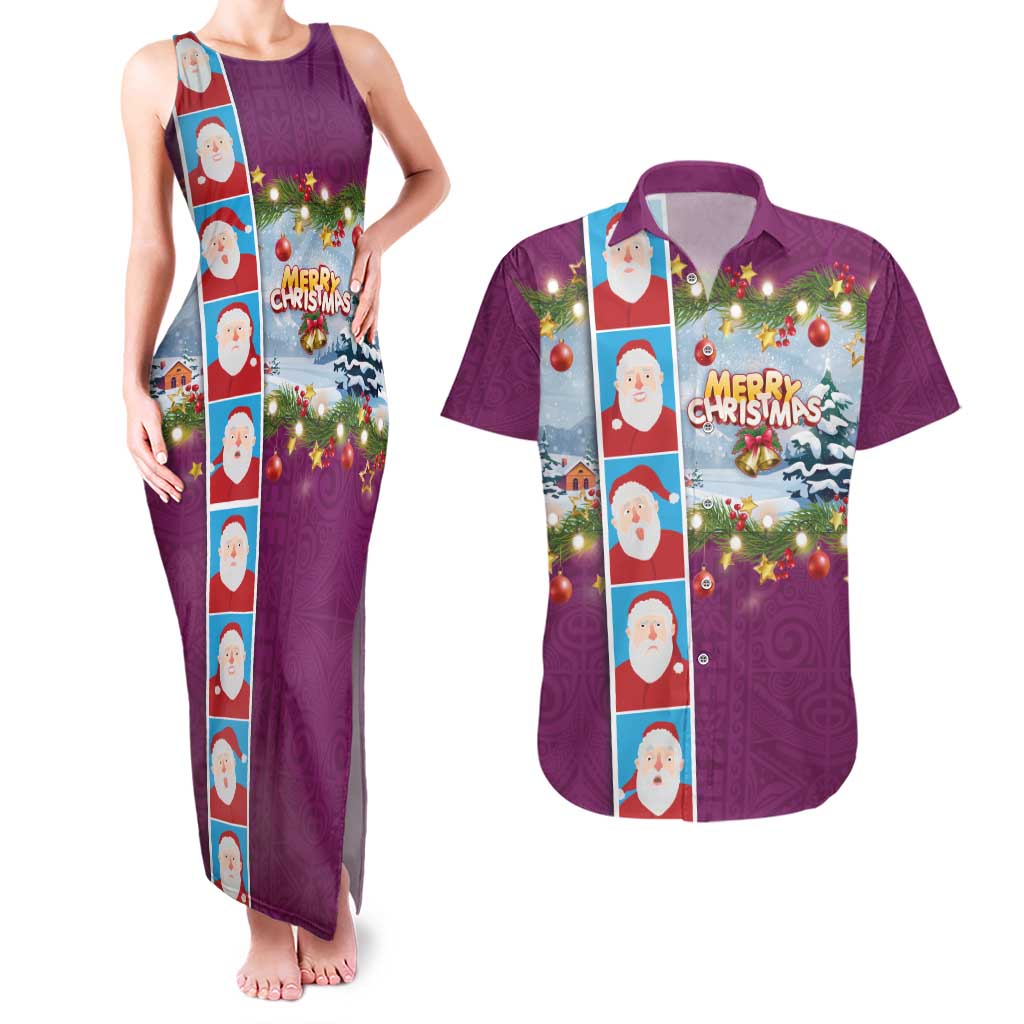 Merry Christmas Couples Matching Tank Maxi Dress and Hawaiian Shirt Funny Santa Claus Cards Photo and Polynesian Pattern Pink Color LT03 Pink - Polynesian Pride