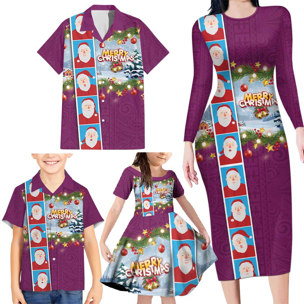 Merry Christmas Family Matching Long Sleeve Bodycon Dress and Hawaiian Shirt Funny Santa Claus Cards Photo and Polynesian Pattern Pink Color LT03 - Polynesian Pride