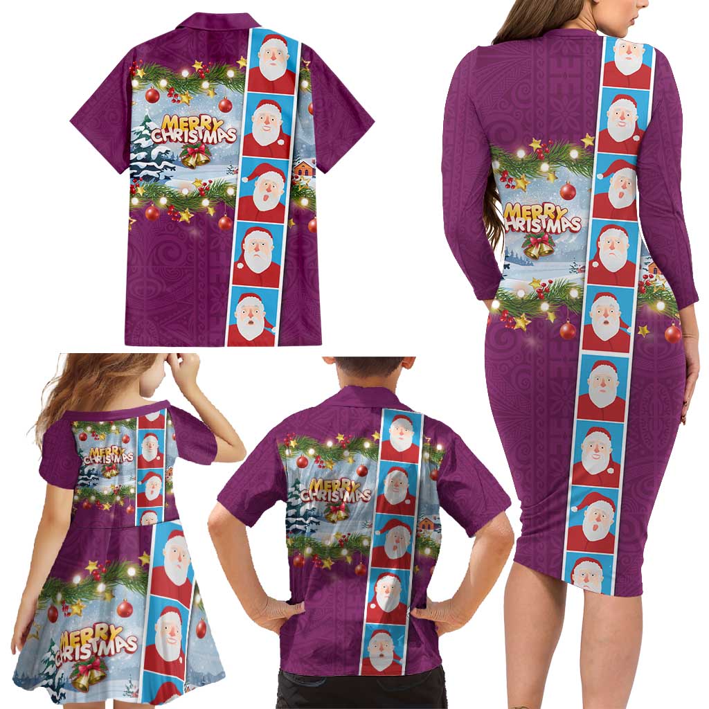 Merry Christmas Family Matching Long Sleeve Bodycon Dress and Hawaiian Shirt Funny Santa Claus Cards Photo and Polynesian Pattern Pink Color LT03 - Polynesian Pride