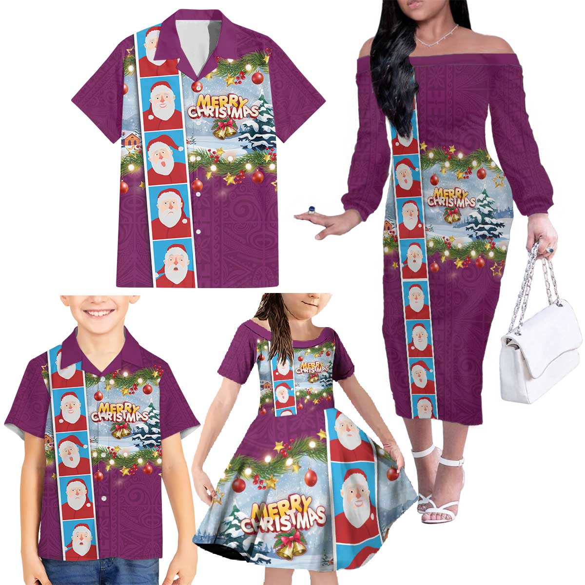 Merry Christmas Family Matching Off The Shoulder Long Sleeve Dress and Hawaiian Shirt Funny Santa Claus Cards Photo and Polynesian Pattern Pink Color LT03 - Polynesian Pride