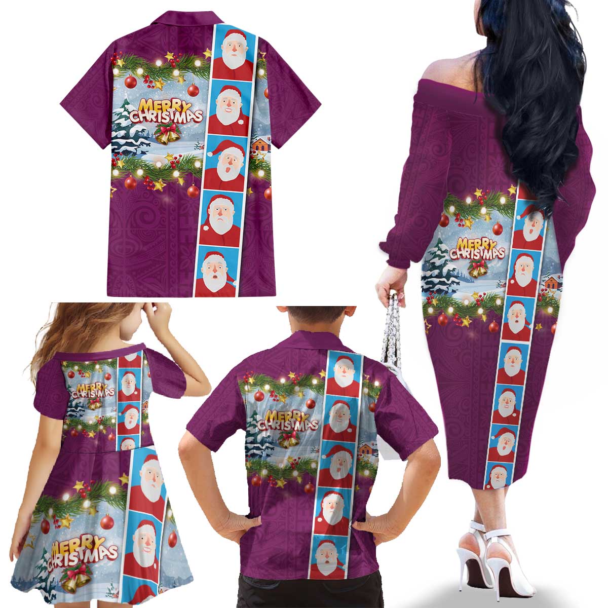 Merry Christmas Family Matching Off The Shoulder Long Sleeve Dress and Hawaiian Shirt Funny Santa Claus Cards Photo and Polynesian Pattern Pink Color LT03 - Polynesian Pride