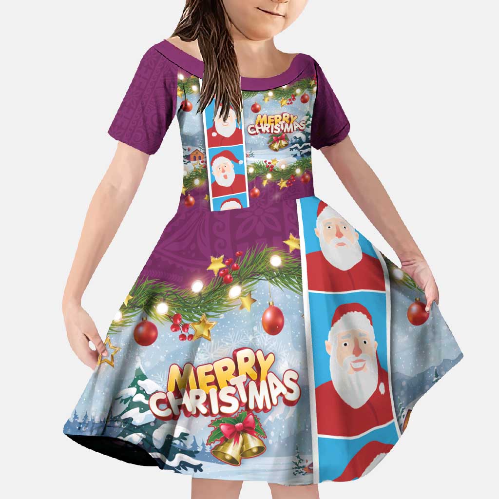Merry Christmas Family Matching Off Shoulder Maxi Dress and Hawaiian Shirt Funny Santa Claus Cards Photo and Polynesian Pattern Pink Color LT03 Daughter's Dress Pink - Polynesian Pride