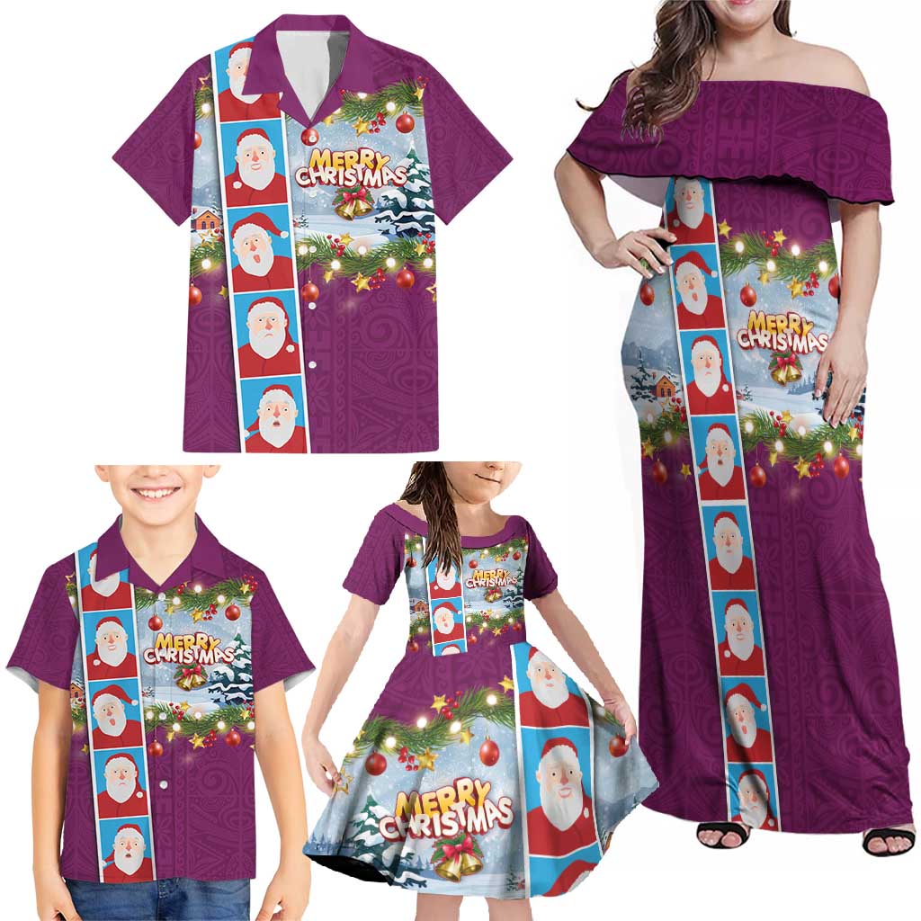Merry Christmas Family Matching Off Shoulder Maxi Dress and Hawaiian Shirt Funny Santa Claus Cards Photo and Polynesian Pattern Pink Color LT03 - Polynesian Pride